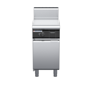 waldorf cue gp8450ghcr-cd-c0 450mm gas griddle on cabinet base with door and high splashback