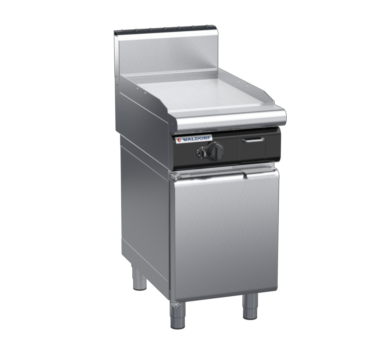 waldorf cue gp8450ghcr-cd-c0 450mm gas griddle on cabinet base with door and high splashback