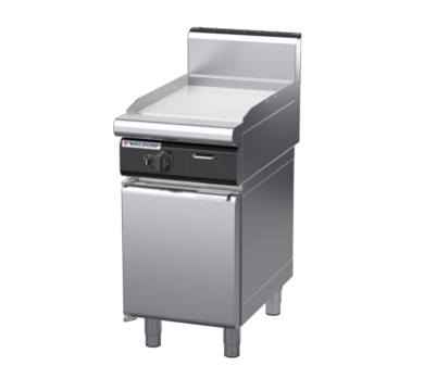 waldorf cue gp8450ghcr-cd-c0 450mm gas griddle on cabinet base with door and high splashback