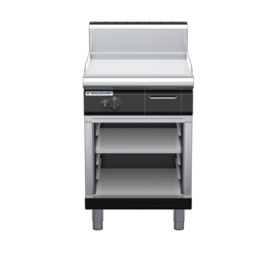 waldorf bold gp8600ghr3-cb-b0 600mm gas griddle with 600mm ribbed finish on cabinet base and high splashback