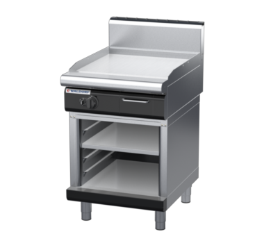 waldorf bold gp8600ghr3-cb-b0 600mm gas griddle with 600mm ribbed finish on cabinet base and high splashback