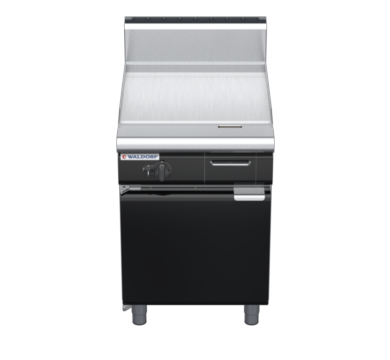 waldorf bold gp8600ghr3-cd-b0 600mm gas griddle 600mm ribbed finish on cabinet base with door and high splashback
