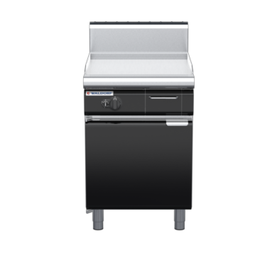 waldorf bold gp8600ghr3-cd-b0 600mm gas griddle 600mm ribbed finish on cabinet base with door and high splashback