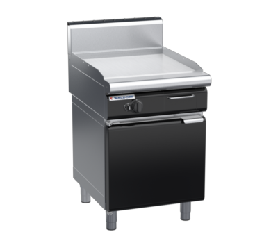 waldorf bold gp8600ghr3-cd-b0 600mm gas griddle 600mm ribbed finish on cabinet base with door and high splashback
