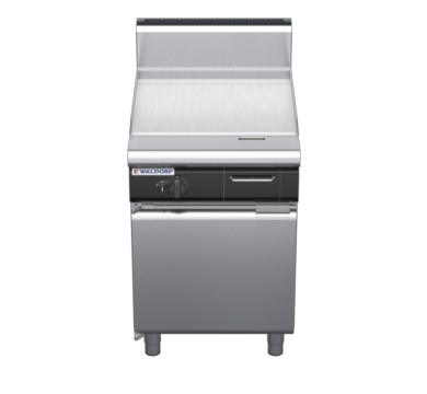 waldorf cue gp8600ghcr3-cd-c0 600mm gas griddle 600mm ribbed chrome finish on cabinet base with door and high splashback