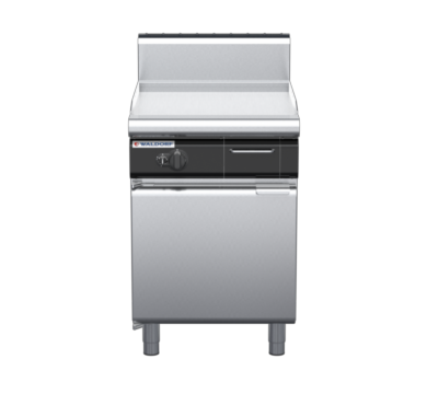 waldorf cue gp8600ghcr3-cd-c0 600mm gas griddle 600mm ribbed chrome finish on cabinet base with door and high splashback