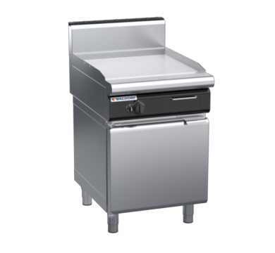 waldorf cue gp8600ghcr3-cd-c0 600mm gas griddle 600mm ribbed chrome finish on cabinet base with door and high splashback
