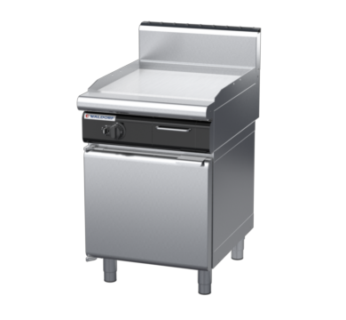 waldorf cue gp8600ghcr3-cd-c0 600mm gas griddle 600mm ribbed chrome finish on cabinet base with door and high splashback