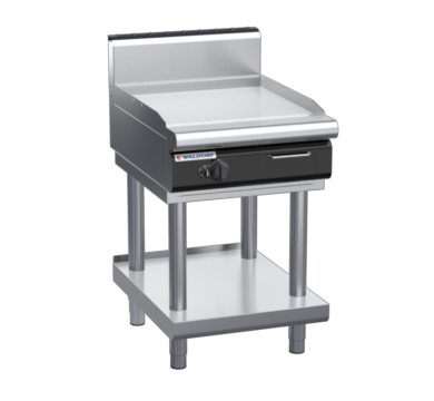 waldorf cue gp8600ghcr-ls-c0 600mm gas griddle with 600mm chrome finish on leg stand and high splashback