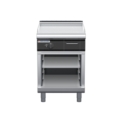 waldorf cue gp8600glr3-cb-c0 600mm gas griddle with 600mm ribbed finish on cabinet base and low splashback