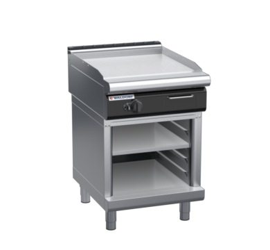 waldorf cue gp8600glr3-cb-c0 600mm gas griddle with 600mm ribbed finish on cabinet base and low splashback