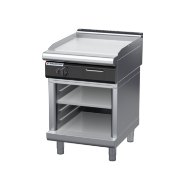 waldorf cue gp8600glr3-cb-c0 600mm gas griddle with 600mm ribbed finish on cabinet base and low splashback