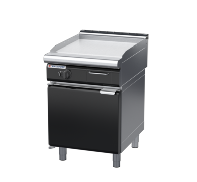 waldorf bold gp8600glcr-cd-b0 600mm gas griddle 600mm chrome finish on cabinet base with door and low splashback