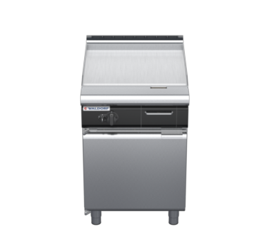 waldorf cue gp8600glcr3-cd-c0 600mm gas griddle 600mm ribbed chrome finish on cabinet base with door and low splashback