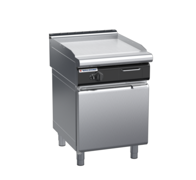 waldorf cue gp8600glcr3-cd-c0 600mm gas griddle 600mm ribbed chrome finish on cabinet base with door and low splashback