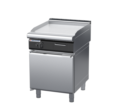 waldorf cue gp8600glcr3-cd-c0 600mm gas griddle 600mm ribbed chrome finish on cabinet base with door and low splashback
