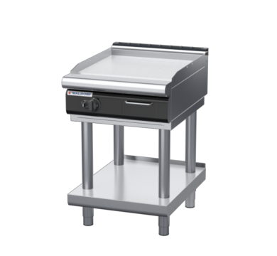 waldorf cue gp8600glcr-ls-c0 600mm gas griddle with 600mm chrome finish on leg stand and low splashback