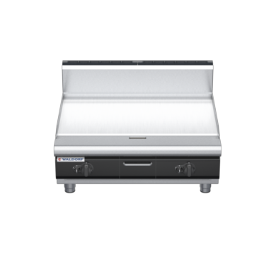 waldorf cue gp8900ghcr5-b-c0 900mm gas griddle with 900mm ribbed chrome finish bench model and high splashback