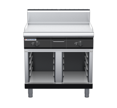 waldorf bold gp8900gh-cb-b0 900mm gas griddle on cabinet base with high splashback