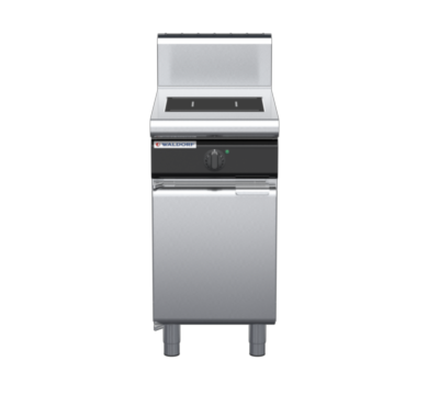 waldorf cue in8100hf-cd-c0 450mm electric induction cooktop on cabinet base with door and high splashback