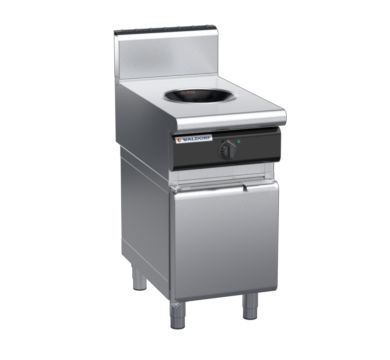 waldorf cue in8100hw5-cd-c0 450mm electric induction wok on cabinet base with door and high splashback