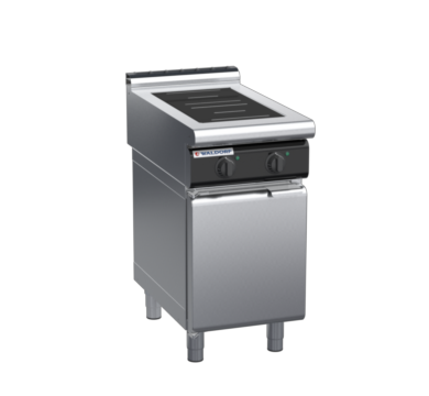 waldorf cue in8200lr2-cd-c0 450mm electric induction cooktop on cabinet base with door and low splashback