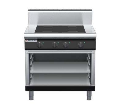 waldorf bold in8400hf-ob-b0 900mm electric induction cooktop on open base with high splashback