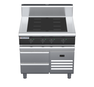 waldorf cue in8400hf-rb-c0 900mm electric induction cooktop on refrigerated base with high splashback