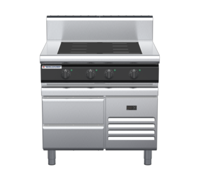 waldorf cue in8400hf-rb-c0 900mm electric induction cooktop on refrigerated base with high splashback