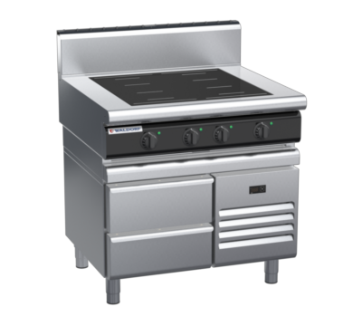 waldorf cue in8400hf-rb-c0 900mm electric induction cooktop on refrigerated base with high splashback