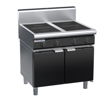 waldorf bold in8400hr5-cd-b0 900mm electric induction cooktop on cabinet base with door and high splashback