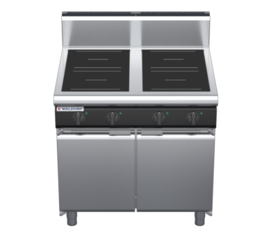 waldorf cue in8400hr5-cd-c0 900mm electric induction cooktop on cabinet base with door and high splashback