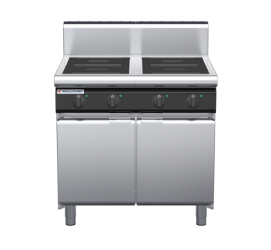 waldorf cue in8400hr5-cd-c0 900mm electric induction cooktop on cabinet base with door and high splashback