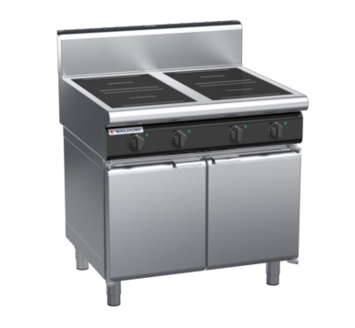 waldorf cue in8400hr5-cd-c0 900mm electric induction cooktop on cabinet base with door and high splashback