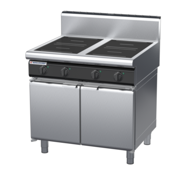 waldorf cue in8400hr5-cd-c0 900mm electric induction cooktop on cabinet base with door and high splashback