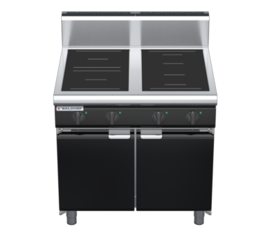 waldorf bold in8400hr3f-cd-b0 900mm electric induction cooktop on cabinet base with door and high splashback