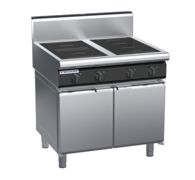 waldorf cue in8400hr3f-cd-c0 900mm electric induction cooktop on cabinet base with door and high splashback