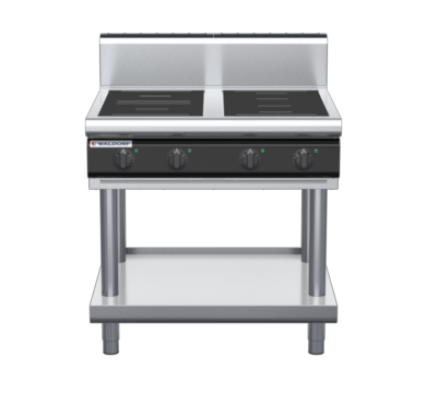 waldorf cue in8400hr3f-ls-c0 900mm electric induction cooktop on leg stand with high splashback
