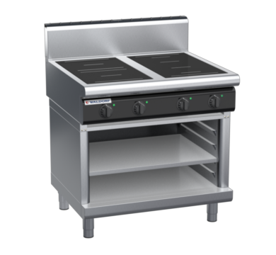 waldorf cue in8400hr5f-ob-c0 900mm electric induction cooktop on open base with high splashback