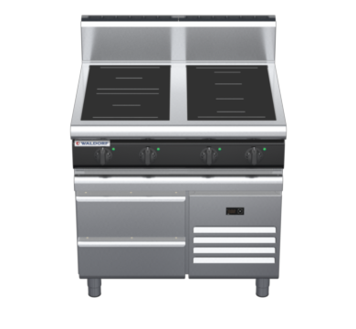 waldorf cue in8400hr5f-rb-c0 900mm electric induction cooktop on refrigerated base with high splashback