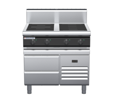 waldorf cue in8400hr5f-rb-c0 900mm electric induction cooktop on refrigerated base with high splashback