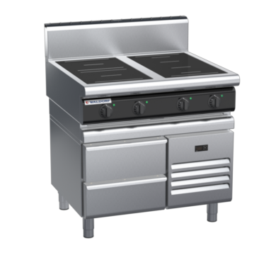 waldorf cue in8400hr5f-rb-c0 900mm electric induction cooktop on refrigerated base with high splashback