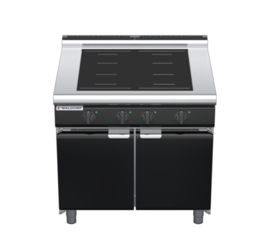 waldorf bold in8400lf-cd-b0 900mm electric induction cooktop on cabinet base with door and low splashback