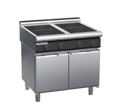 waldorf cue in8400lr5-cd-c0 900mm electric induction cooktop on cabinet base with door and low splashback