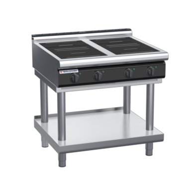 waldorf cue in8400lr5-ls-c0 900mm electric induction cooktop on leg stand with low splashback