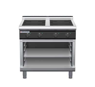 waldorf cue in8400lr5-ob-c0 900mm electric induction cooktop on open base with low splashback