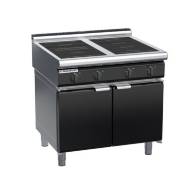 waldorf bold in8400lr3f-cd-b0 900mm electric induction cooktop on cabinet base with door and low splashback
