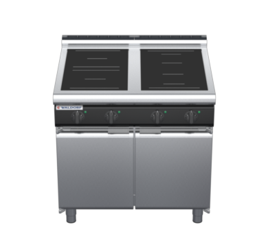 waldorf cue in8400lr5f-cd-c0 900mm electric induction cooktop on cabinet base with door and low splashback