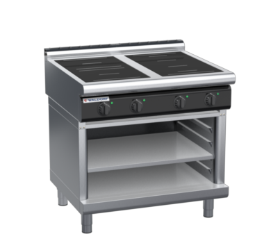 waldorf cue in8400lr3f-ob-c0 900mm electric induction cooktop on open base with low splashback