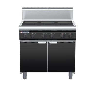 waldorf bold in8600hr2-cd-b0 900mm electric induction cooktop on cabinet base with door and high splashback